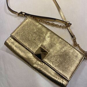 Michael Kors metallic gold clutch purse adjustable chain strain small preowned